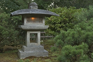 Illuminated stone lantern in Portland Japanese Garden