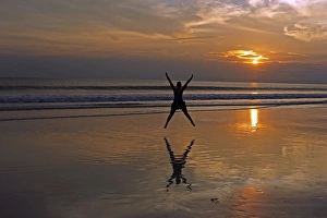 Anthony Asael Prints: India, Andaman Islands, Havelock, beach number 7, shadow of woman jumping at sunset