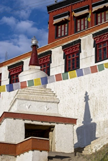Prayer Prints: India, Jammu & Kashmir, Ladakh, Leh, detail of windows, prayer flags and a chorton
