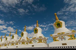 India, Jammu & Kashmir, Ladakh, Leh, white chortons, highly decorated in gold and green