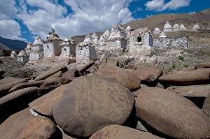 Prayer Prints: India, Jammu & Kashmir, Ladakh, Stok, chortons and prayer stones below Stok Palace