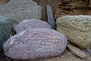 Prayer Prints: India, Jammu & Kashmir, Ladakh, Lamayuru on the Srinagar-Kargil-Leh road prayer stones