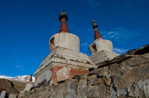 India, Jammu & Kashmir, Ladakh, decorated chortons with red spires at Kurzok village