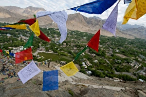 Prayer Prints: India, Ladakh, Leh, capital of Ladakh, red, yellow, blue, red, green and white prayer