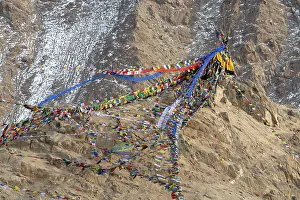 Barren Prints: India, Ladakh, Leh. Prayer flags are found in the rocky outcroppings