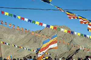 Tibetan Prints: India, Ladakh, Leh, prayer flags at Shanti Stupa