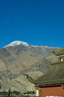 Tibetan Prints: India, Ladakh, Leh, Shanti stupa with Himalaya in background