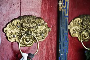 India, Ladakh, Likir, close-up of dragon head door grip