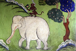 Buddhism Prints: India, Ladakh, Likir, wall painting with elephant, rabbit and monkey