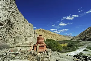 Tibetan Prints: India, Ladakh, Markha Valley, white and colored stupa in scenic landscape of