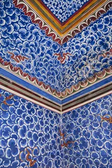 Falling Prints: India, Rajasthan, Bikaner. Close-up of painting of falling rain in clouds in weather