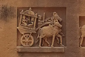 India, Rajasthan, Jaisalmer. Close-up shot of ancient rock carving at the Jain Temple