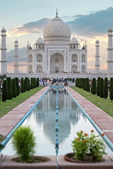 Images Dated 10th July 2024: India, Uttar Pradesh, Agra. Taj Mahal, vertical view of Taj Mahal at sunset