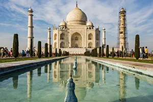 Tomb Prints: India, Uttar Pradesh. Agra. No Water No Life expedition, Taj Mahal tomb and minarets