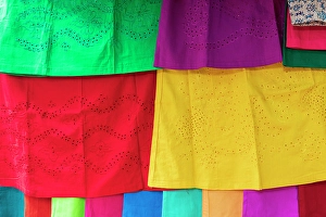 Kolkata Prints: India, West Bengal, Kolkata, Baithakkhana. Group of colorful textiles