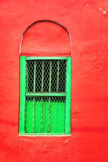 Kolkata Prints: India, West Bengal, Kolkata, College Square. Bright green window in bright red wall
