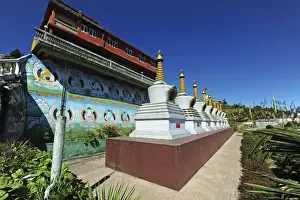 Images Dated 15th November 2013: India, West Bengal, Meghma, buddhist colorful script and stupa at the monastery