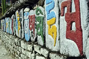 Himalaya Prints: India, West Bengal, Meghma, buddhist colorful script and stupa at the monastery