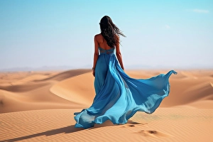 Model Prints: Indian woman in blue dress in desert