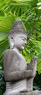 : Indonesia, Bali. Buddha statue with green palms