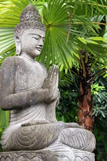 : Indonesia, Bali. Buddha statue with green palms