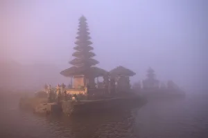 Indonesia, Bali. Foggy sunset on Pura Ulun Danu temple on Lake Bratan
