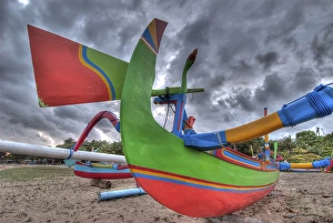 Outrigger Prints: Indonesia, Bali. Outrigger boats, called jukungs, on beach