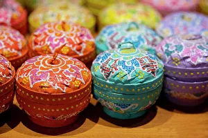 Images Dated 25th December 2022: Indonesia, Bali. Traditional handicraft village of Tohpati. Colorful painted straw boxes