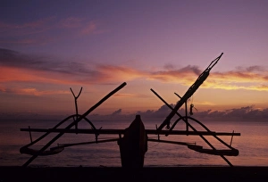 Sulawesi Prints: Indonesia, Sulawesi, Tangkoko Reserve. Perahu, traditional double-outrigger fishing canoe