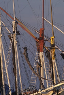 Indonesia, Sulawesi, Ujung Pandang. Colorful masts and spars of large commercial
