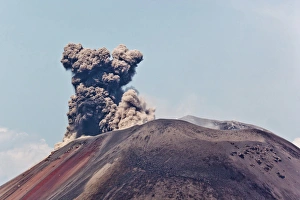 Pumice Prints: Indonesia, Sumatra, Java, Anak Krakatau. Smoke escaping from active volcano Anak Krakatau