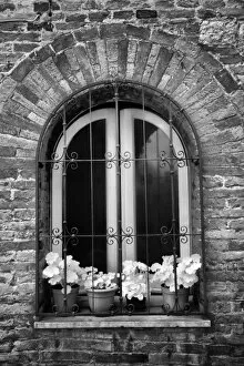 Infra Red Black & White view of window and flower pots, Montepulciano, Italy, Tuscany