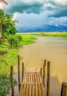 Burma Prints: Inle Lake, Myanmar. Vertical landscape view of floating gardens growing produce in the shallow lake water