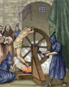 Wheel Prints: Inquisition. Instrument of torture. Wheel of Fortune. Colored engraving