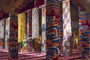 Tibetan Prints: Inside a praying hall in Drepung Monastery, one of the great three Gelug university