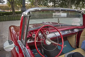 Interior view of red 57 Chevrolet Bel Air convertible in Habana, Havana, Cuba
