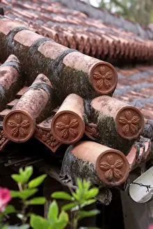 Tiled Prints: Intricately tiled roof of a traditional Okinawan house on display at Ryukyu Mura
