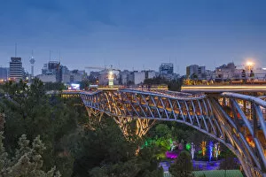 Iran Gallery: Iran, Tehran, city skyline from the Pole e Tabiat Nature Bridge, designed by Canadian-Iranian