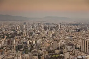 Western Asia Prints: Iran, Tehran, elevated city skyline from the Roof of Iran Park, dusk