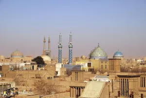 Islamic Country Prints: Iran, Yazd, Aerial View of the city with its mosques, domes, minarets and windtowers