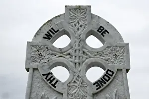 Celtic Cross Prints: Ireland, County Mayo, Murrisk. Detail of message on Celtic cross