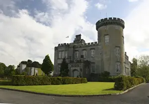 15th Century Prints: In Ireland, the Dromoland Castle side entrance and turret blue sky white clouds