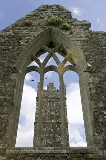 Cloister Prints: Ireland, Galway. Ross Errilly Friary bell tower viewed through an arched window