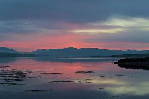 Ireland Prints: Ireland, Portmagee Bay. Landscape of sunrise on ocean and mountains