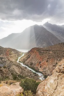Crepuscular Ray Prints: Iskanderkul, Sughd Province, Tajikistan. The Yaghnob River and Iskanderkul Lake
