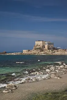 Roman Era Prints: Israel, North Coast, Caesarea ruins of port built by Herod the Great in 22 BC