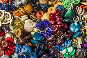 Images Dated 22nd August 2019: Italy, Apulia, Metropolitan City of Bari, Locorotondo. Buttons for sale in an outdoor
