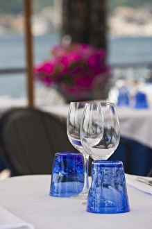 Lake Garda Prints: Italy, Brescia Province, Salo. Cafe table glasses