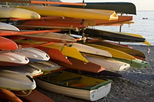 Rent Prints: Italy, Camogli. Stacked kayaks for rent