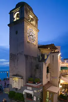 ITALY-Campania-(Bay of Naples)-CAPRI: Clock Tower / Piazza Umberto 1 / Evening